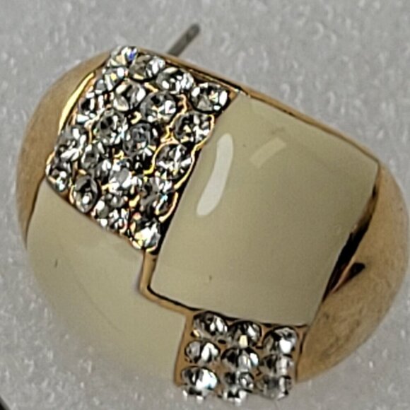 White And Gold Oval Earrings with Clear Crystals Small White Earrings - Picture 2 of 9